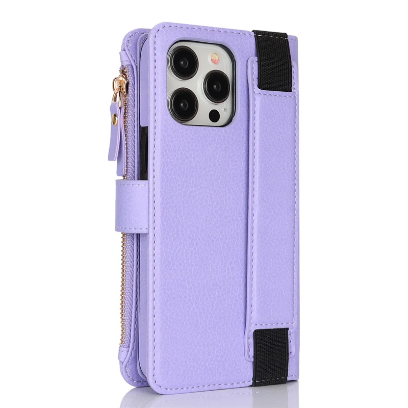 XL-001 For iPhone 16 Pro Max Case Zipper Pocket Wristband Stand Leather Phone Cover - Purple