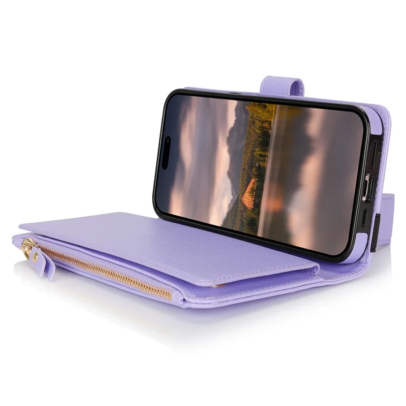 XL-001 For iPhone 16 Pro Max Case Zipper Pocket Wristband Stand Leather Phone Cover - Purple