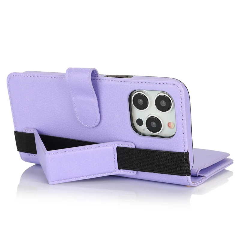 XL-001 For iPhone 16 Pro Max Case Zipper Pocket Wristband Stand Leather Phone Cover - Purple