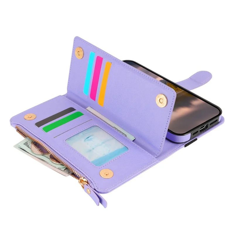 XL-001 For iPhone 16 Pro Max Case Zipper Pocket Wristband Stand Leather Phone Cover - Purple