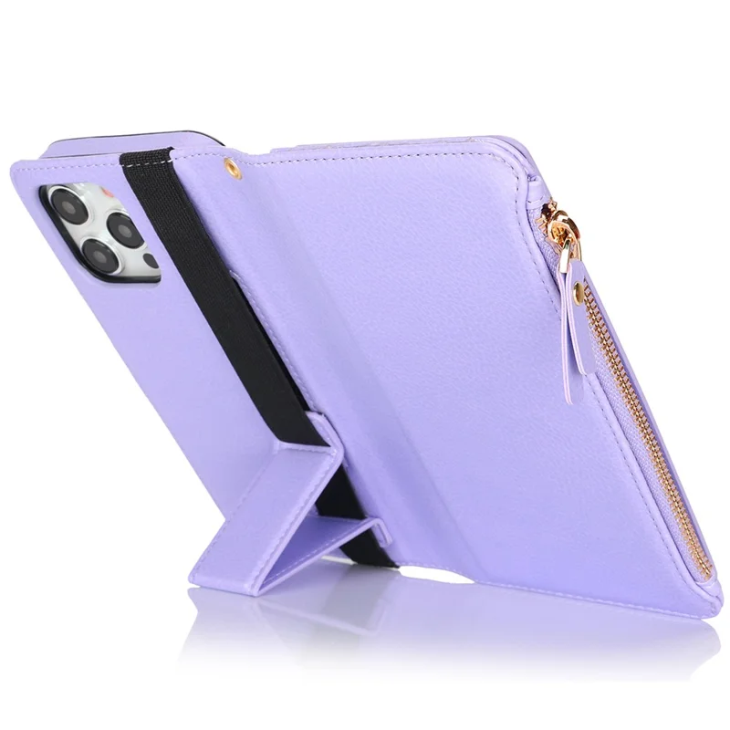 XL-001 For iPhone 16 Pro Max Case Zipper Pocket Wristband Stand Leather Phone Cover - Purple