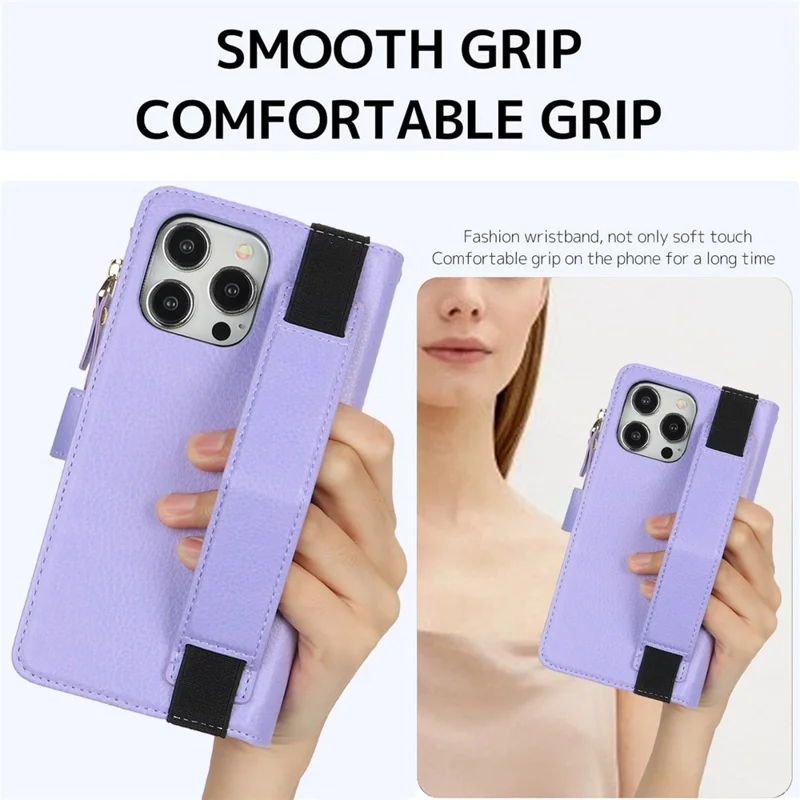 XL-001 For iPhone 16 Pro Max Case Zipper Pocket Wristband Stand Leather Phone Cover - Purple