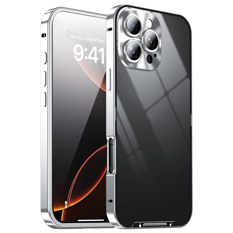 For iPhone 16 Pro Case Aluminium Alloy Frame Matte PC Back Phone Cover with Lens Protector - Silver