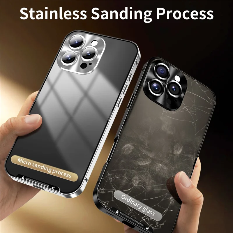 For iPhone 16 Pro Case Aluminium Alloy Frame Matte PC Back Phone Cover with Lens Protector - Silver