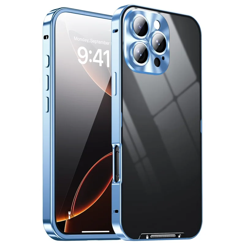 For iPhone 16 Pro Max Case Aluminium Alloy Frame Matte PC Back Phone Cover with Lens Protector - Blue