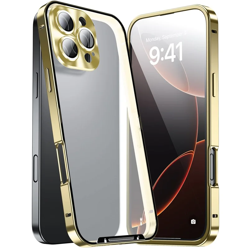 For iPhone 16 Pro Max Case Aluminium Alloy Frame Matte PC Back Phone Cover with Lens Protector - Gold