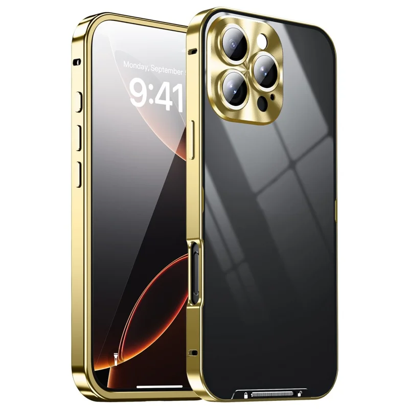 For iPhone 16 Pro Max Case Aluminium Alloy Frame Matte PC Back Phone Cover with Lens Protector - Gold