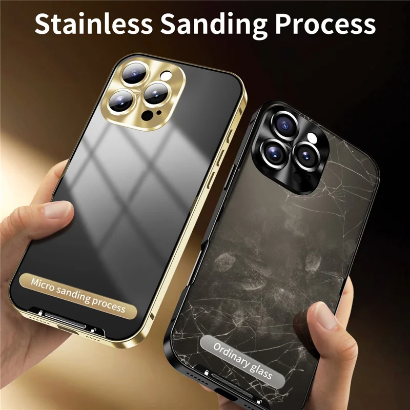 For iPhone 16 Pro Max Case Aluminium Alloy Frame Matte PC Back Phone Cover with Lens Protector - Gold