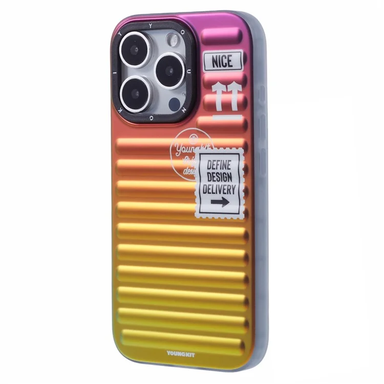 Youngkit Для Iphone 16 Pro Max Case Suitcase Style TPU + Алюминиевый Сплав -лазерный Градиент - Фиолетовый / Красный / Желтый