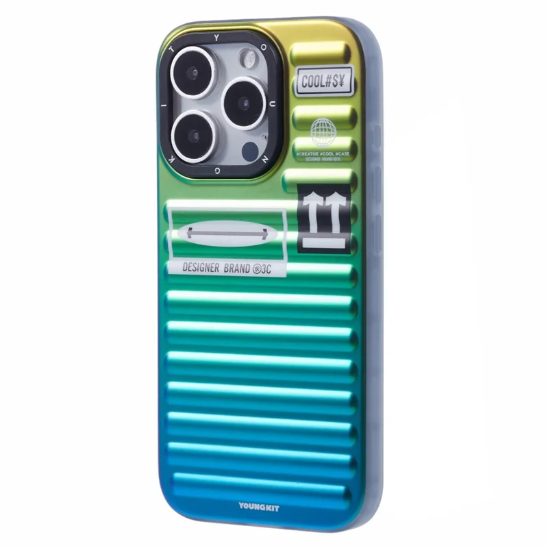 YOUNGKIT For iPhone 16 Pro Max Case Suitcase Style TPU + Aluminium Alloy Laser Gradient Phone Cover - Orange / Green / Blue