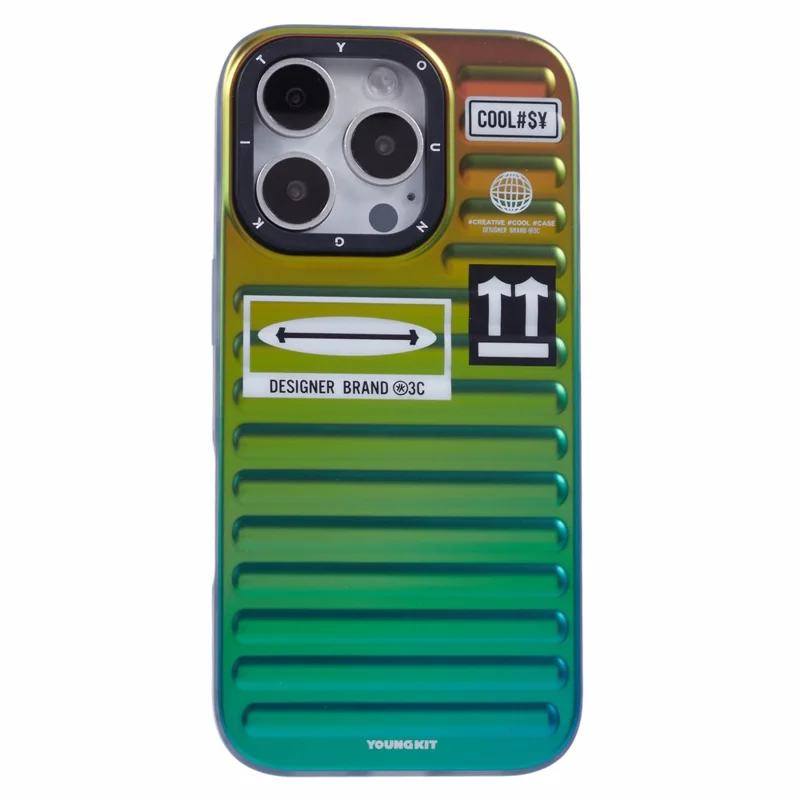 YOUNGKIT For iPhone 16 Pro Max Case Suitcase Style TPU + Aluminium Alloy Laser Gradient Phone Cover - Orange / Green / Blue