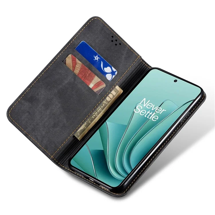 For OnePlus Nord 4 Case Jeans Cloth Texture Anti-Scratch Leather Stand Phone Cover - Black
