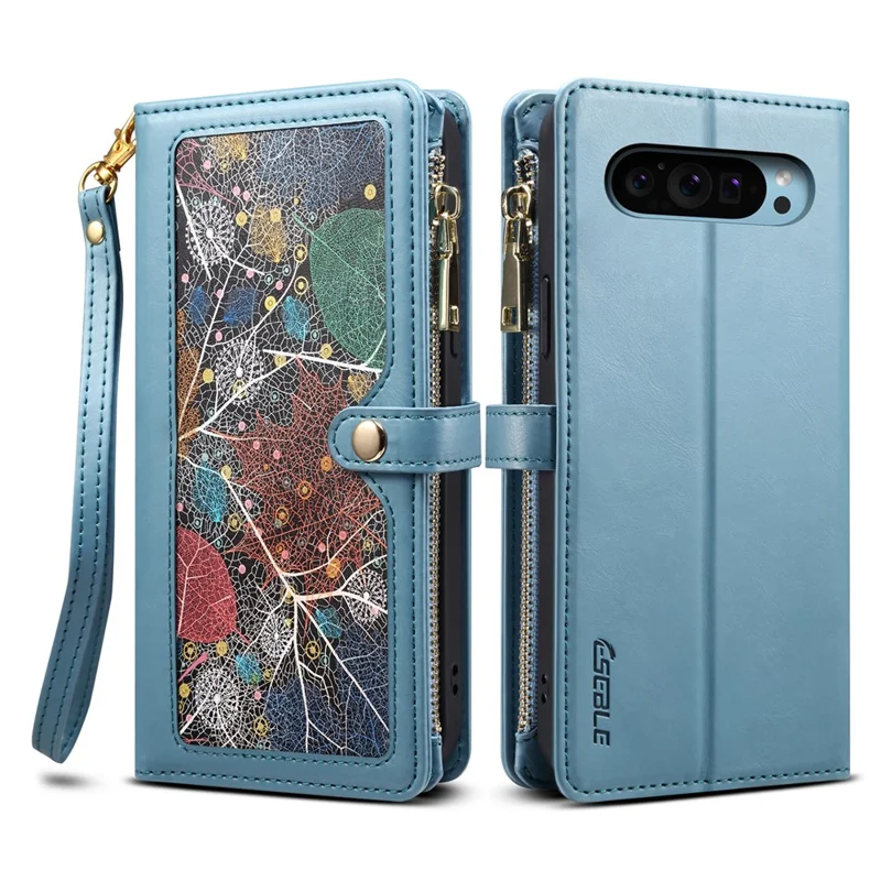 ESEBLE Galaxy Series For Google Pixel 9 / Pixel 9 Pro Case Leather Zipper Phone Cover RFID Blocking - Blue