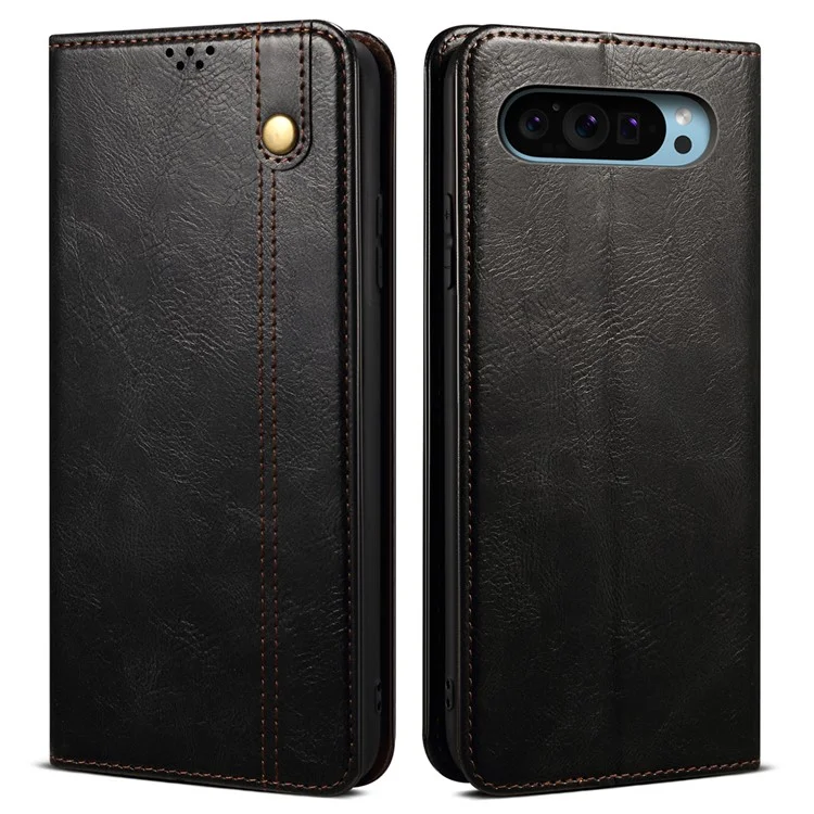 Für Google Pixel 9 / Pixel 9 Pro Hülle Crazy Horse Textur Wachsleder Wallet Stand Cover - Schwarz