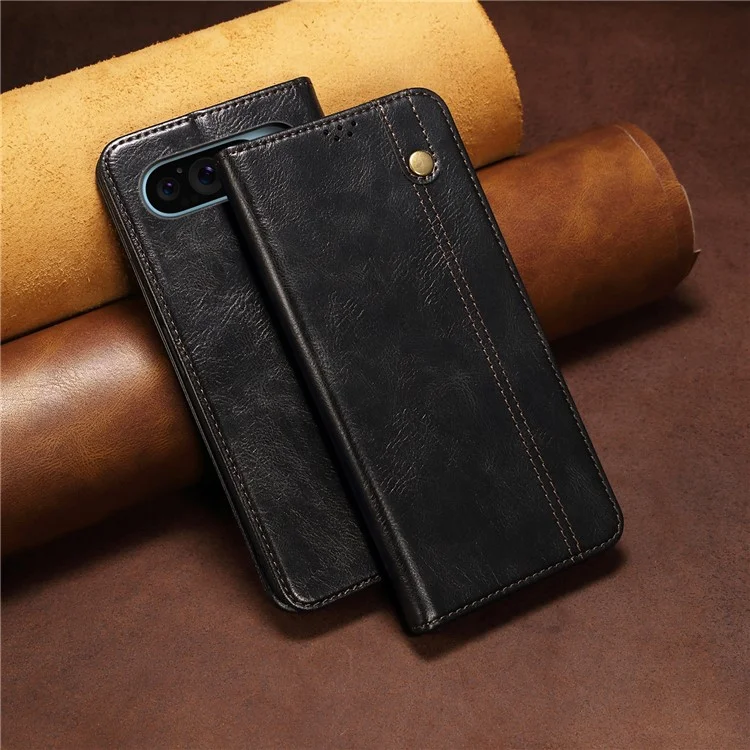 Für Google Pixel 9 / Pixel 9 Pro Hülle Crazy Horse Textur Wachsleder Wallet Stand Cover - Schwarz