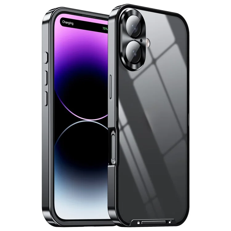 For iPhone 16 Case Aluminium Alloy Frame Matte PC Back Phone Cover with Lens Protector - Schwarz