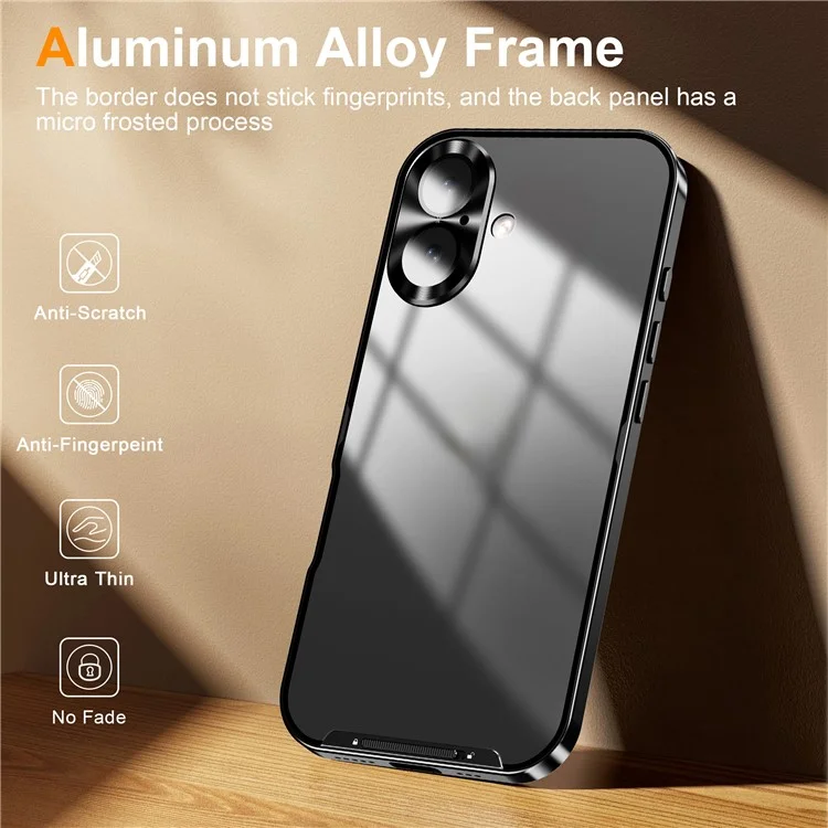 For iPhone 16 Case Aluminium Alloy Frame Matte PC Back Phone Cover with Lens Protector - Schwarz