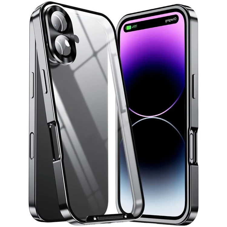 For iPhone 16 Case Aluminium Alloy Frame Matte PC Back Phone Cover with Lens Protector - Schwarz
