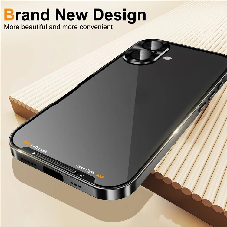 For iPhone 16 Case Aluminium Alloy Frame Matte PC Back Phone Cover with Lens Protector - Schwarz