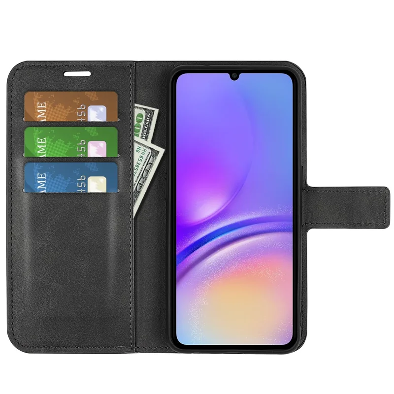 For Samsung Galaxy A06 4G Stand Case Anti-Scratch Calf Texture Leather Phone Cover - Black