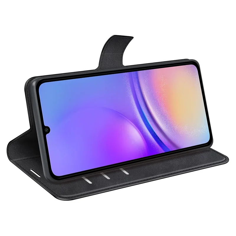 For Samsung Galaxy A06 4G Stand Case Anti-Scratch Calf Texture Leather Phone Cover - Black