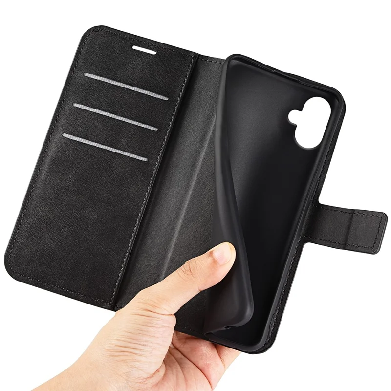 For Samsung Galaxy A06 4G Stand Case Anti-Scratch Calf Texture Leather Phone Cover - Black