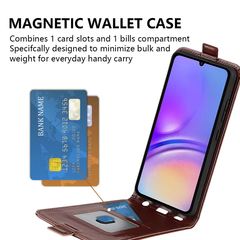 For Samsung Galaxy A06 4G Case with Card Slots Vertical Flip Leather Phone Cover - Brown