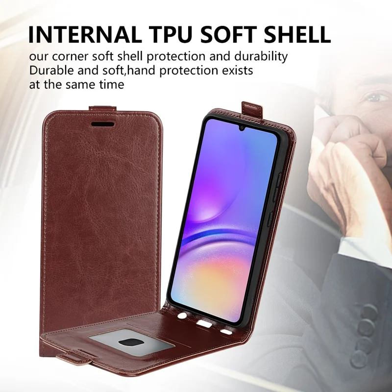 For Samsung Galaxy A06 4G Case with Card Slots Vertical Flip Leather Phone Cover - Brown