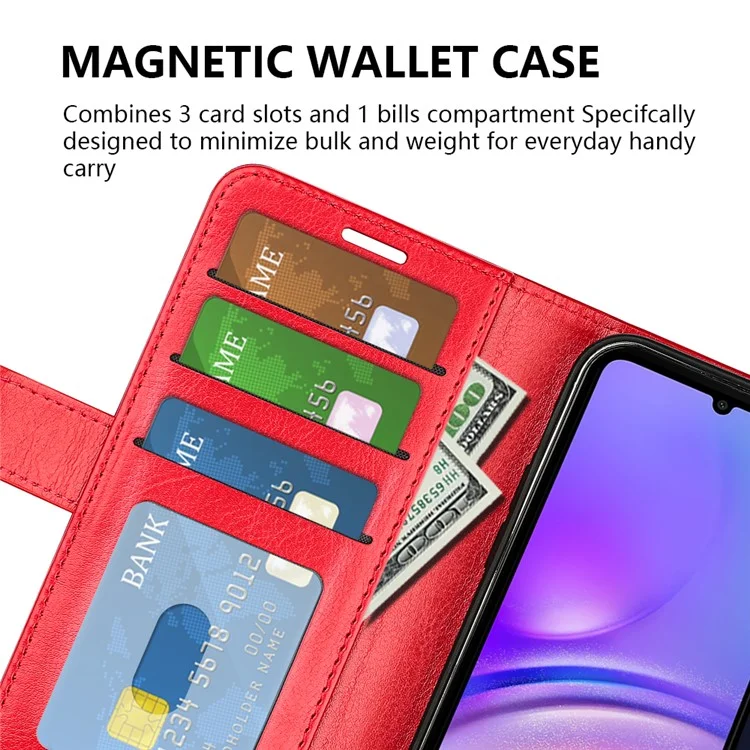 Pour Samsung Galaxy A06 Wallet Case Crazy Horse Texture Stand Téléphone Téléphone - Rouge