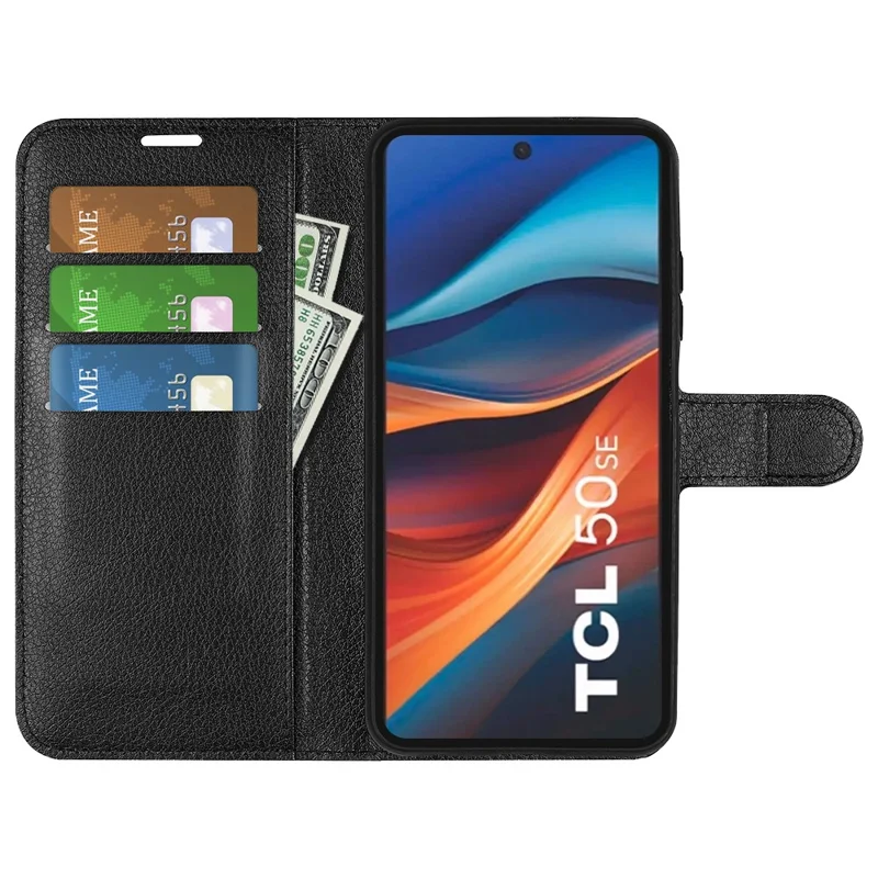 For TCL 50 SE Case Litchi Texture Shockproof Leather Wallet Phone Cover - Black