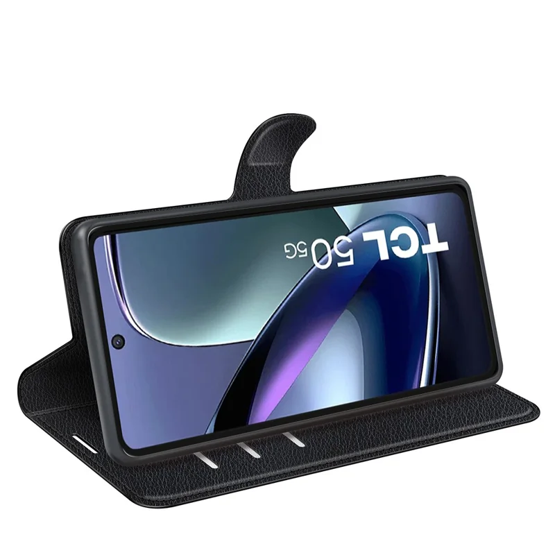 For TCL 50 5G Case Litchi Texture Shockproof Leather Wallet Phone Cover - Black