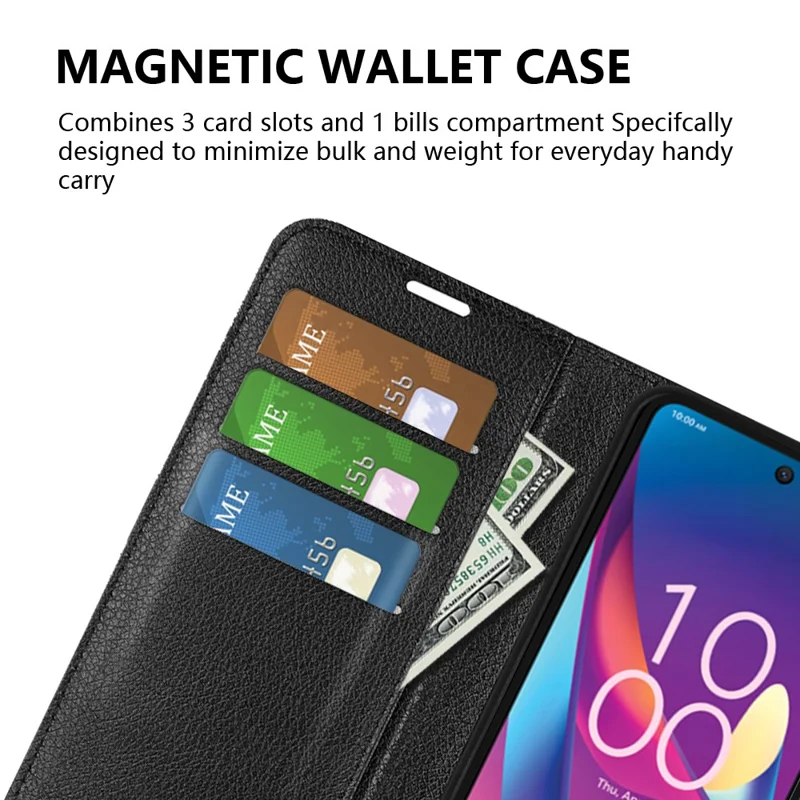 Для TCL 50 XL 5G Case Litchi Texture Shockpereper Teather Wallet Cover Phone - Черный