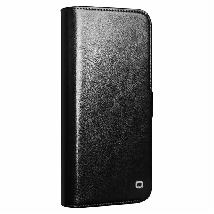 QIALINO For iPhone 16 Case TPU+Genuine Cow Leather Wallet Phone Cover - Black