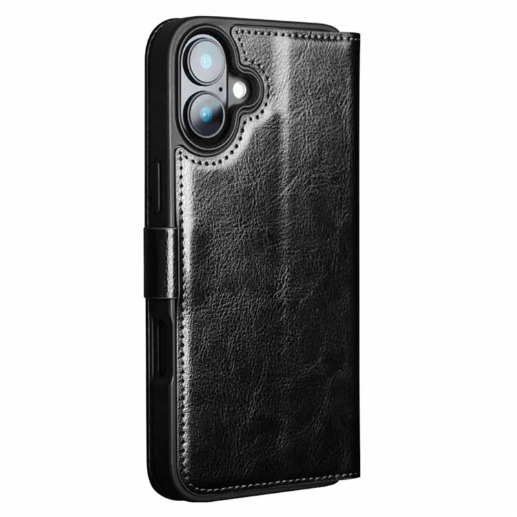 QIALINO For iPhone 16 Case TPU+Genuine Cow Leather Wallet Phone Cover - Black