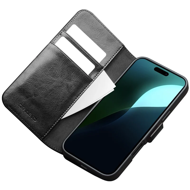 QIALINO för iPhone 16 Plus skal TPU+äkta nötsofskinn plånboksskal - Svart