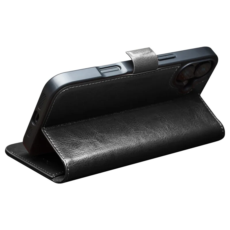 QIALINO för iPhone 16 Plus skal TPU+äkta nötsofskinn plånboksskal - Svart