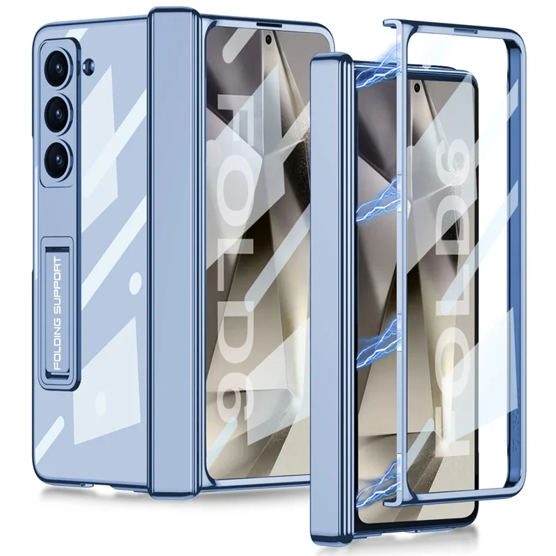 GKK For Samsung Galaxy Z Fold6 5G Case Electroplating Kickstand PC Phone Cover with Screen Film - Blue