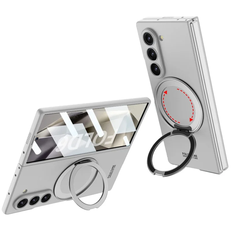GKK For Samsung Galaxy Z Fold6 5G Kickstand Case Magnetic PC Phone Cover with Screen Film - Black - Silver
