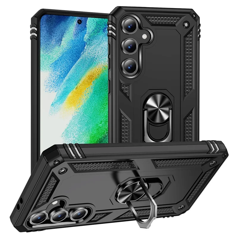 Para Samsung Galaxy S24 FE Case PC+TPU Phone Cover com Suporte Rotativo de Anel - Preto