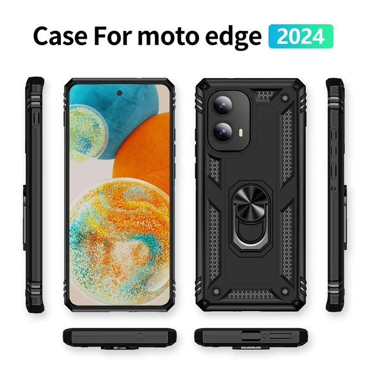 Für Motorola Edge (2024) 5G Hülle PC+TPU Handyhülle mit drehbarem Ringständer - Schwarz