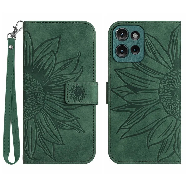 HT04 Für Motorola Edge 50 5G-Hülle, Sonnenblumen-Prägung, Ledertasche mit Handschlaufe - Dunkelgrün