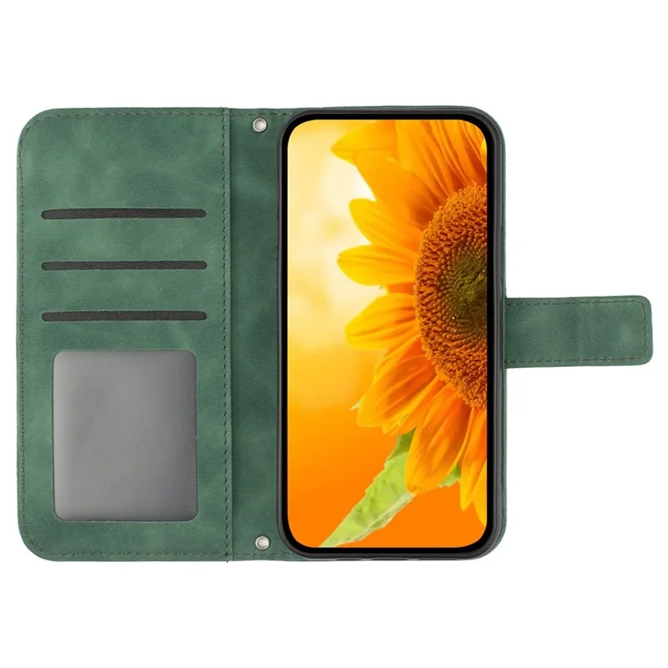 HT04 Für Motorola Edge 50 5G-Hülle, Sonnenblumen-Prägung, Ledertasche mit Handschlaufe - Dunkelgrün