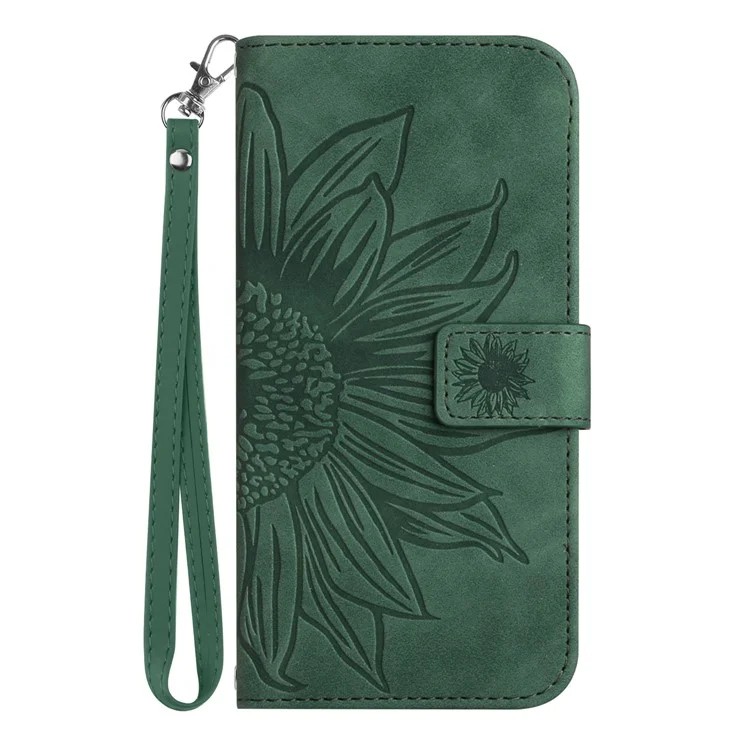 HT04 Für Motorola Edge 50 5G-Hülle, Sonnenblumen-Prägung, Ledertasche mit Handschlaufe - Dunkelgrün