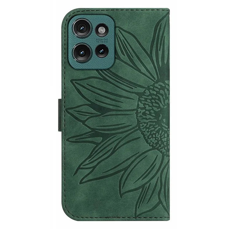 HT04 Für Motorola Edge 50 5G-Hülle, Sonnenblumen-Prägung, Ledertasche mit Handschlaufe - Dunkelgrün