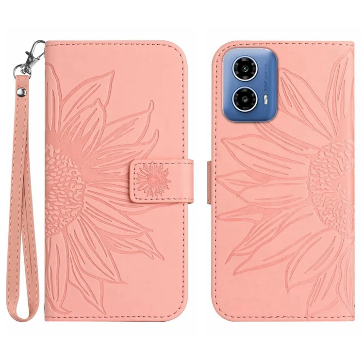 HT04 Für Motorola Edge (2024) 5G-Hülle Sonnenblumen-Prägung Ledertasche Handyhülle mit Handschlaufe - Hellrosa