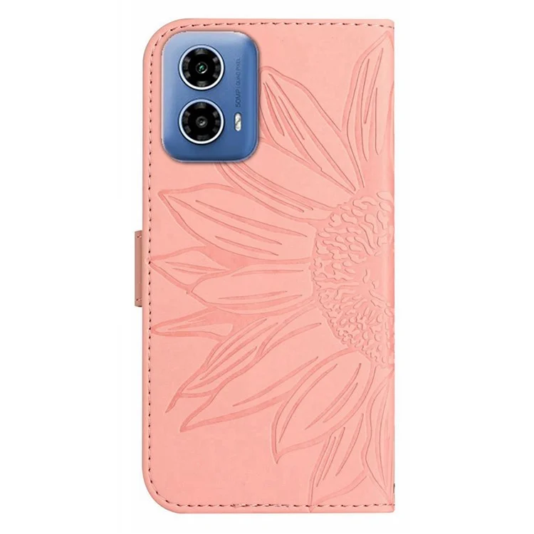 HT04 Für Motorola Edge (2024) 5G-Hülle Sonnenblumen-Prägung Ledertasche Handyhülle mit Handschlaufe - Hellrosa