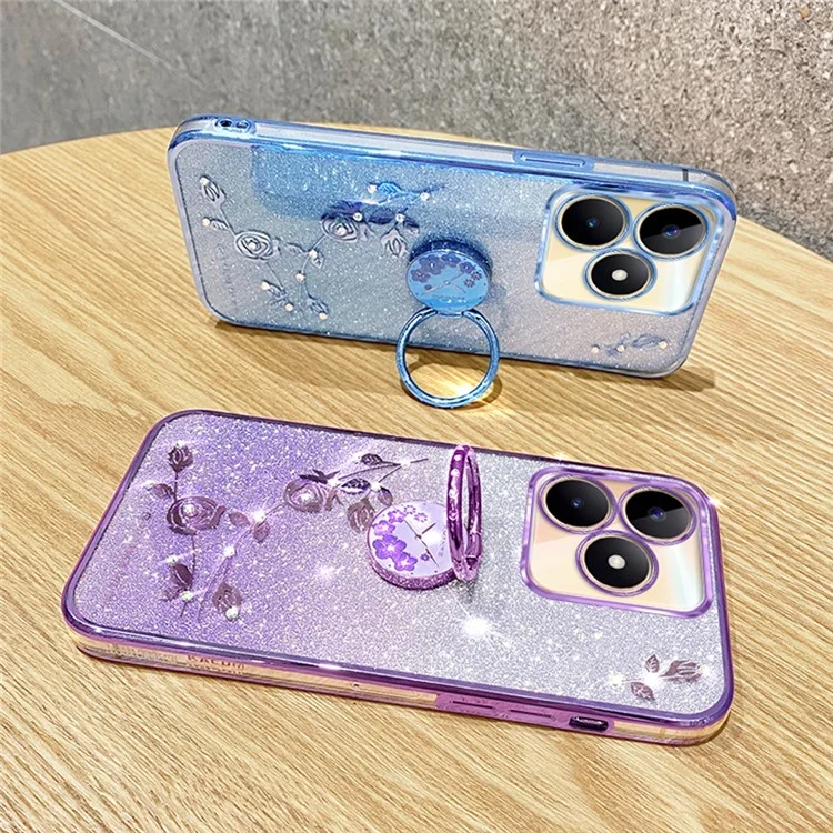 Custodia KADEM For Honor X60i 5G con anello di supporto, fiori, TPU e cover telefonica con brillantini sfumati - Oro rosa