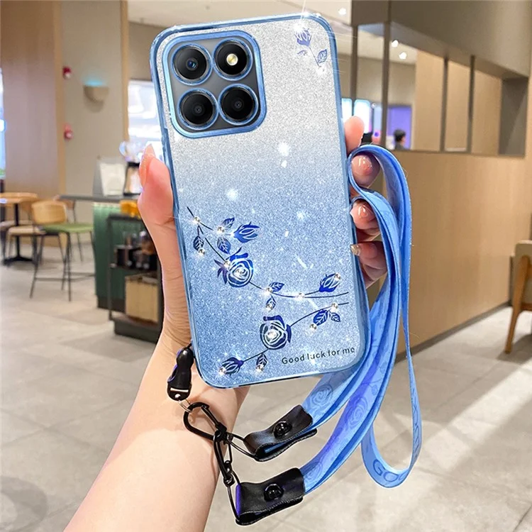KADEM For Honor X6b 4G Case Flower Pattern TPU Gradient Phone Cover with Lanyards - Blue
