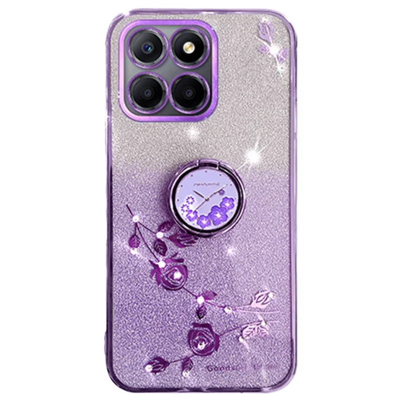 KADEM For Honor X6b 4G Case Ring Kickstand TPU Flowers Phone Cover Gradient Glitter - Purple