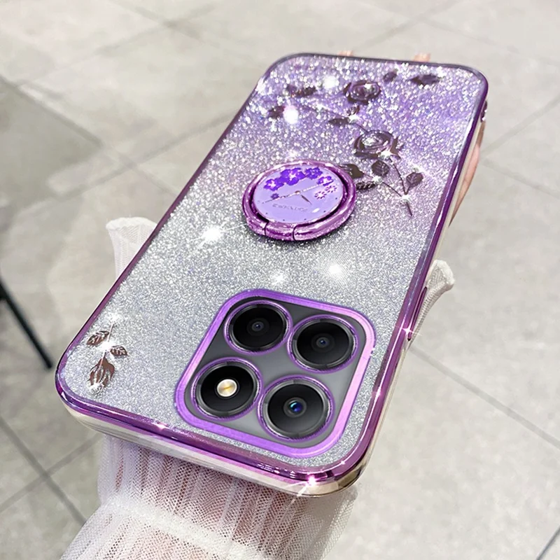 KADEM For Honor X6b 4G Case Ring Kickstand TPU Flowers Phone Cover Gradient Glitter - Purple